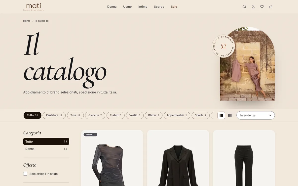 Catalogo di Mati Shop con filtri per categoria, tipo di capo e offerte