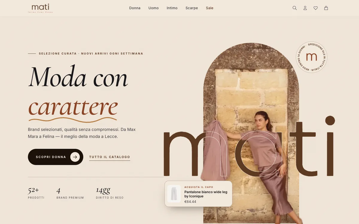 Home page del negozio online di Mati Shop, realizzato da Locally Agency