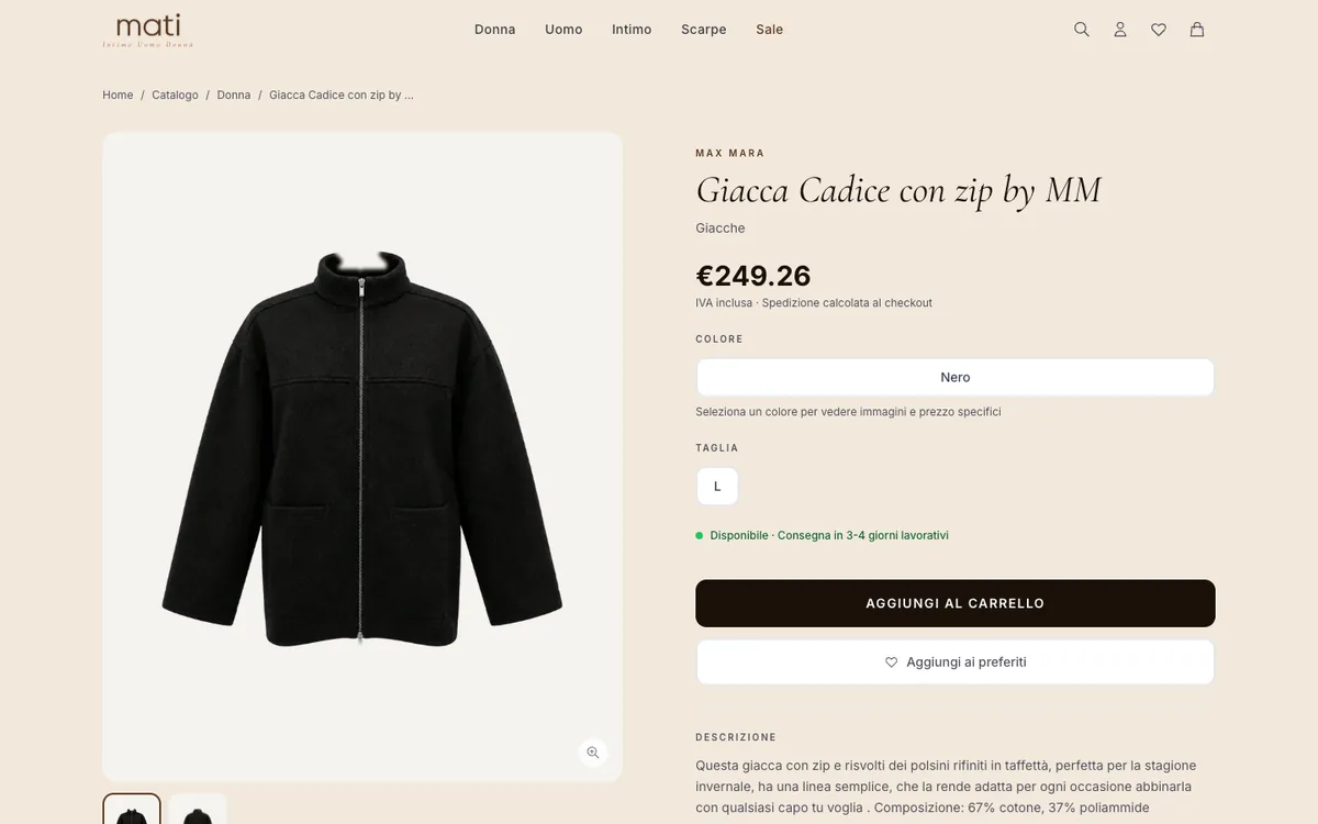 Scheda prodotto di Mati Shop con scelta di colore e taglia, disponibilità e pulsante Aggiungi al carrello